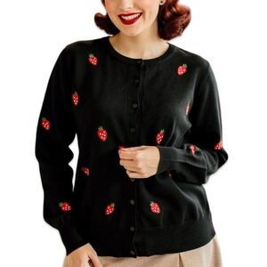 Strawberry Embroidered Cardigan Black Medium Pinup Rockabilly Retro Kitsch 50s
